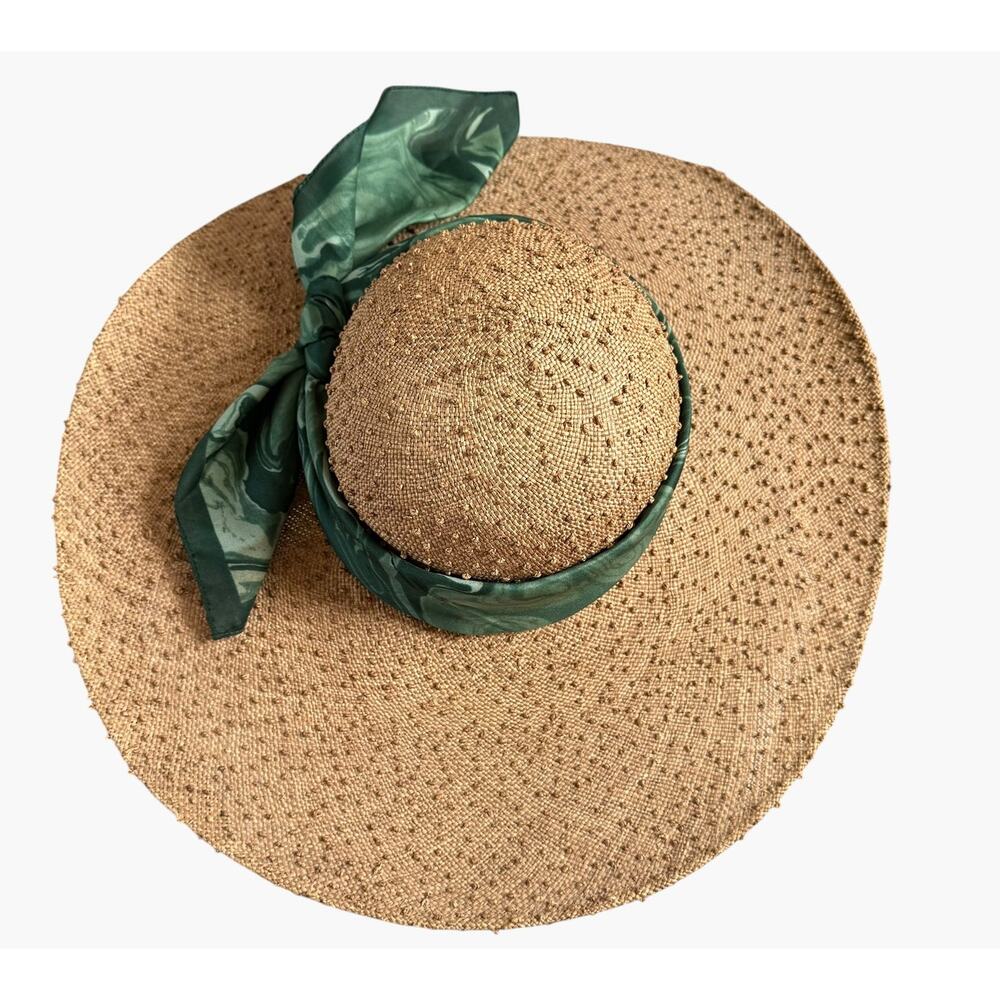 Bonwit Teller Vintage 70s Makins New York Wide Brim Straw Sun Hat Green Scarf - Picture 3 of 6